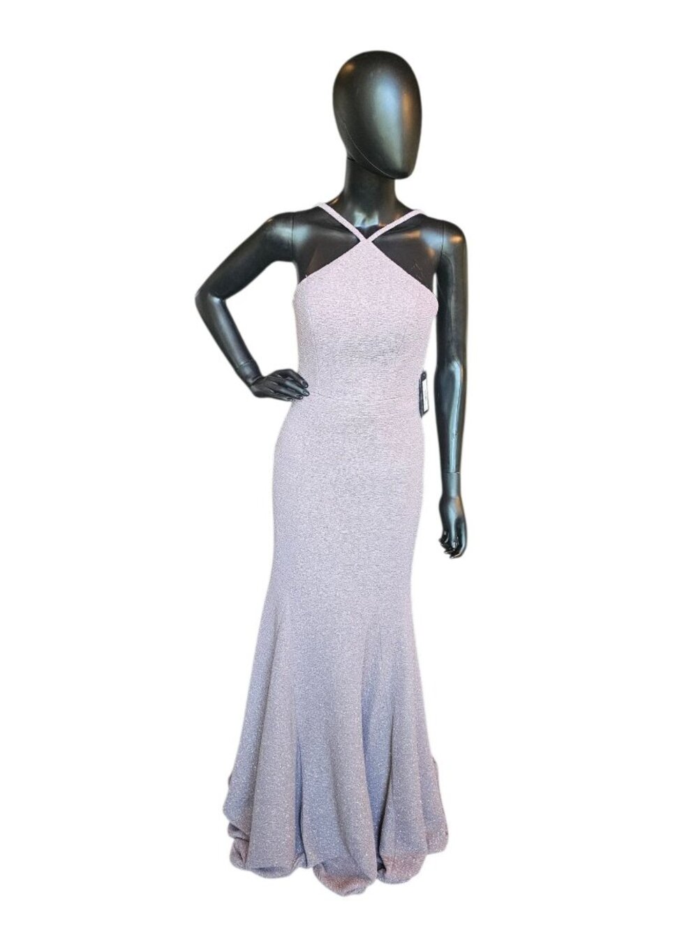 Sand Sparkle Fit/Flare Halter Open Back Maxi Formal/Gala/Prom Dress- Jovanni